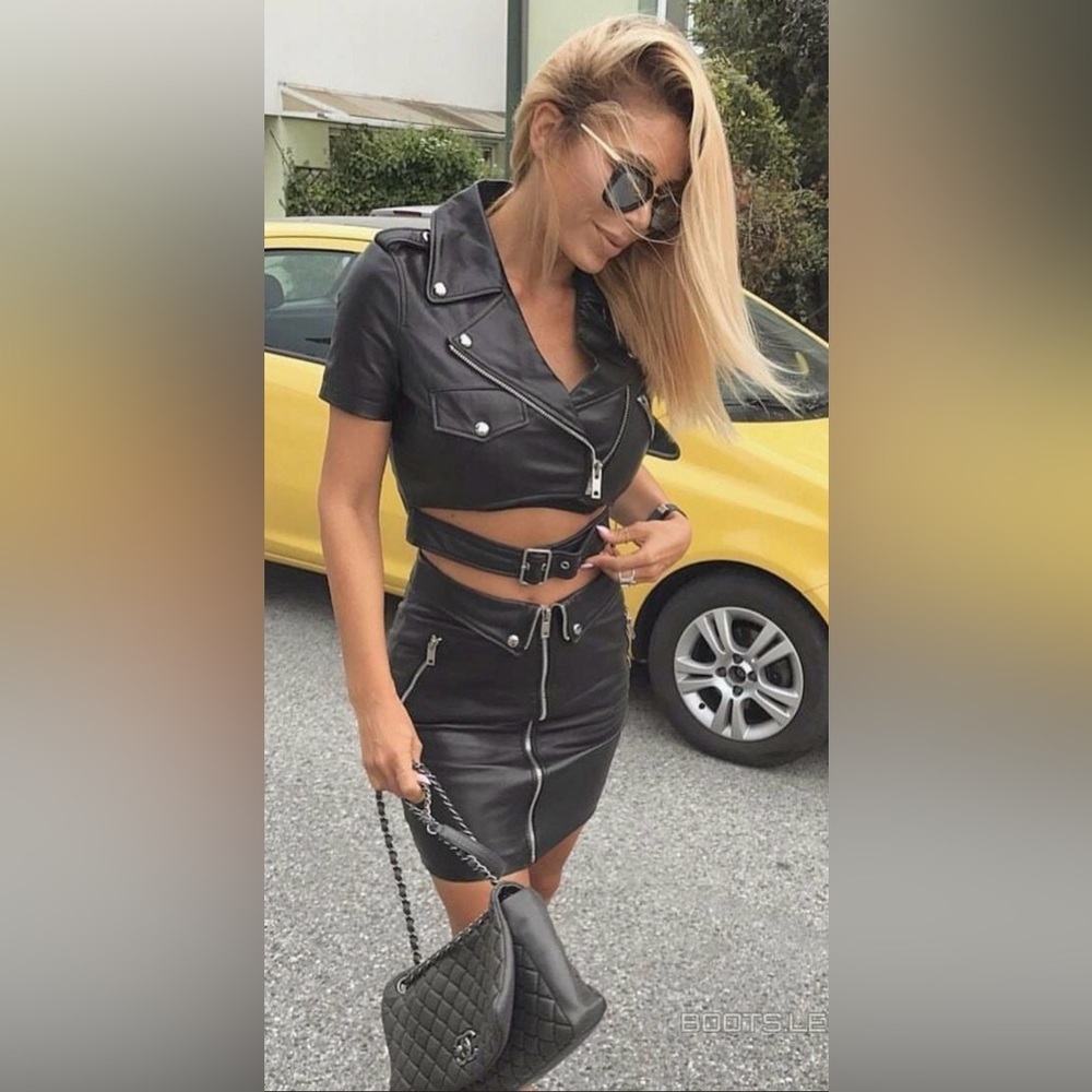 Chic Black Leather Outfit with Zipper Accents